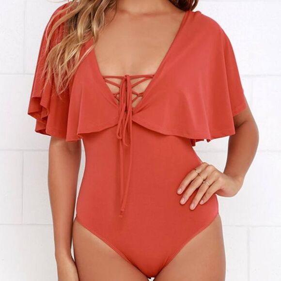 Lulus Rust Orange Lace Up Cape Backless Bodysuit - Picture 1 of 11